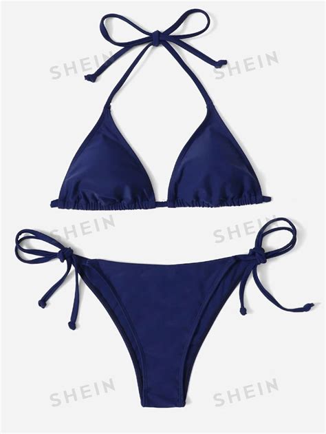 Shein Swim Bikini De Verano De Playa Con Cuello Halter Liso Moda De