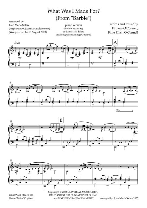 What Was I Made For Arr Juan Maria Solare Sheet Music Billie