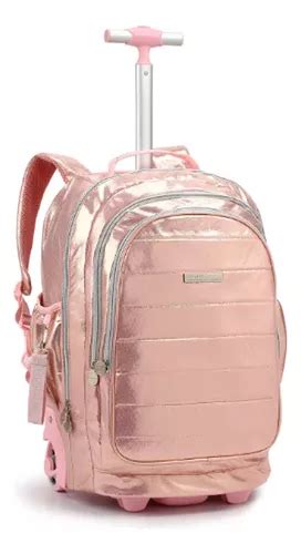 Mochila Escolar Rodinha E Costa Metalizada Cores Luxcel Cor Rosa