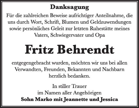 Traueranzeigen Von Fritz Behrendt Abschied Nehmen De