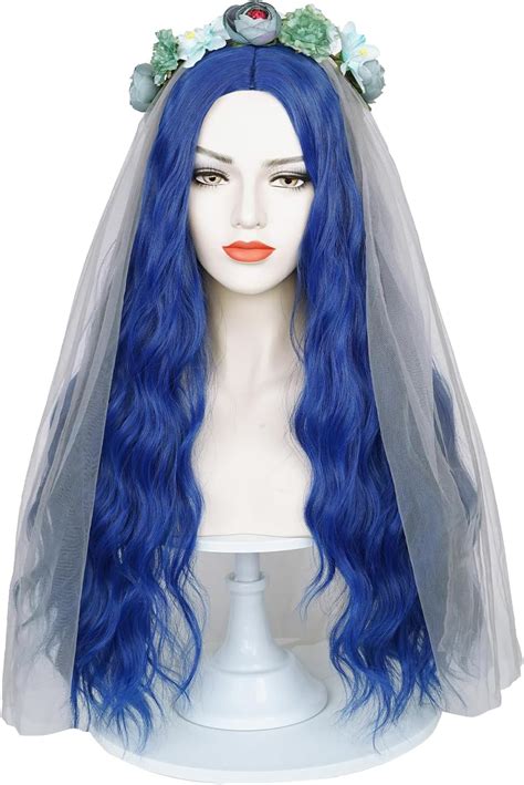 Blue Bride Wig For Corpse Costume Long Wavy Wig With Bride Veil And Flower Crown