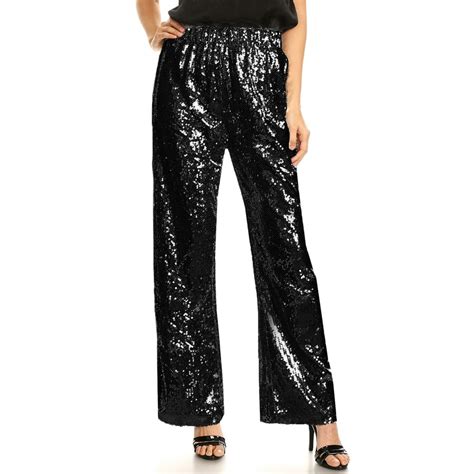 Feinuhan Womens Stretch Waist Sparkly Sequin 70鈥檚 Disco Flare Wide