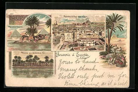 LITHOGRAPHIE CAIRE VUE générale Village arabe et Pyramides Palmiers