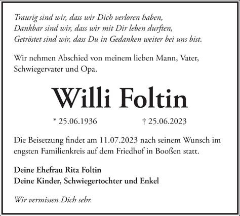 Traueranzeigen von Willi Foltin Märkische Onlinezeitung Trauerportal