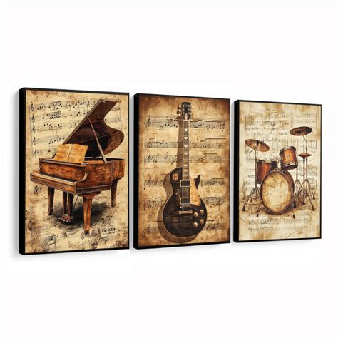 Kit 3 Quadros Decorativos Instrumentos Musicais Piano Bateria Guitarra