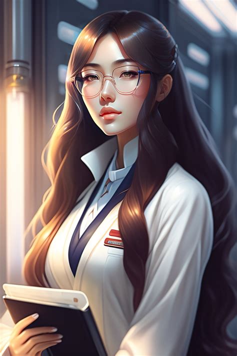 Lexica Beautiful Anime Girl With Long Hair Wearing Lab Coat And Glasses Holding A Clipboard