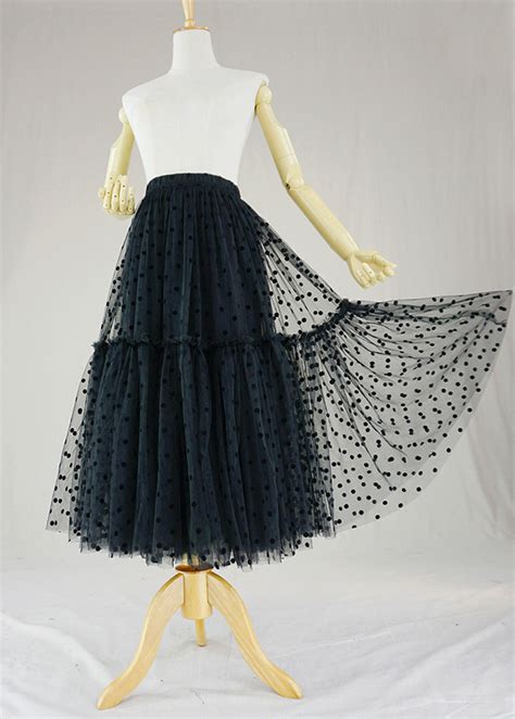 Women A Line Black Tulle Skirt Black Polka Dot Pattern Tulle Skirt Plus