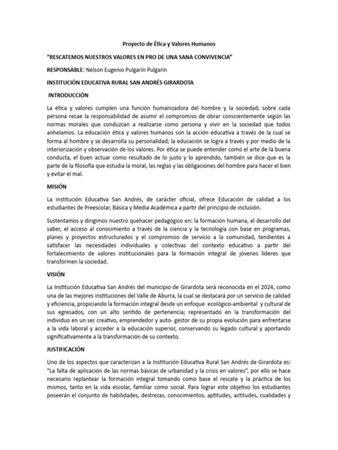 Proyecto De Etica Y Valores 2023 Pdf Aprendizaje Moralidad