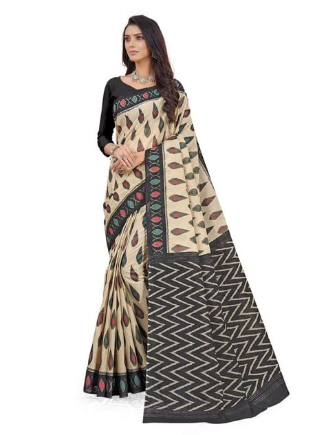 Buy Shanvika Women S Pure Cotton Ikat Print Saree With Blouse Piece