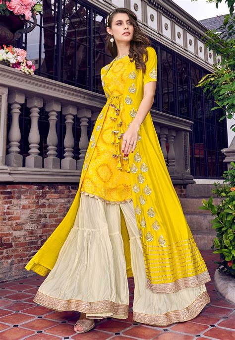 Yellow Tussar Sharara Suit With Jacket Party Wear Indian