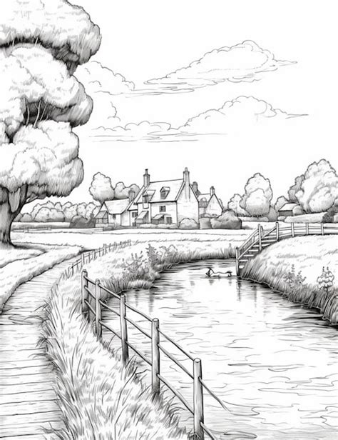 Dibujo de un río con un puente y una casa a lo lejos ai generativo