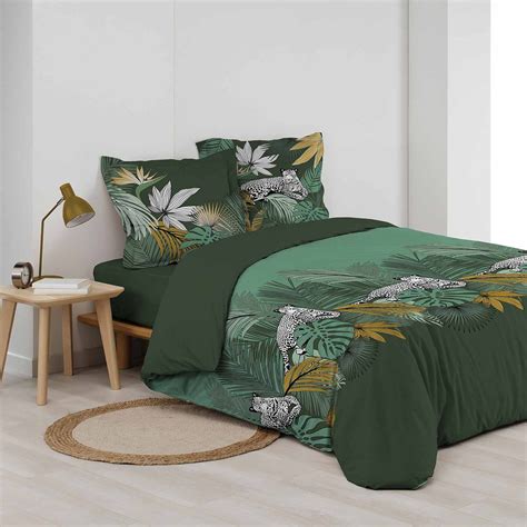 Housse De Couette Et Deux Taies Coton 240 Cm Leo Jungle Verte Linge