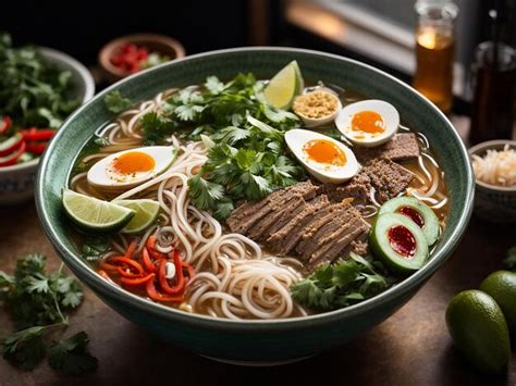 Premium AI Image | Pho Presented in a large bowl with various toppings ...