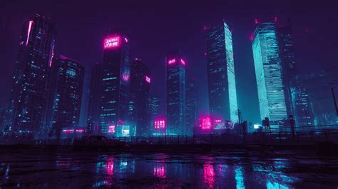 cyberpunk cityscape  night  neon glow  reflections