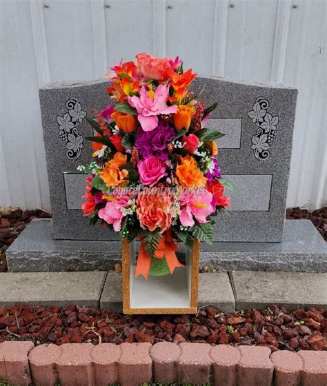 Coral Orange Pink Orchid Permanent Cemetery Vase Insert Vase Grave