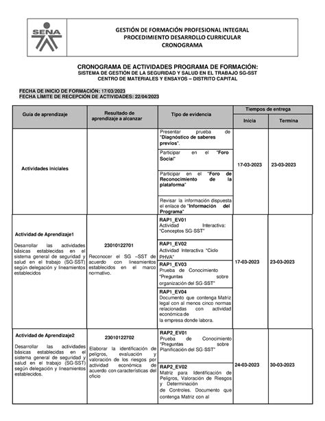 Cronogramanactividadesnsgnsst 306413 ecf035295 GESTIÓN DE FORMACIÓN