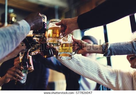 Hands Hold Beverage Beers Bottle Cheers Stock Photo 577826047