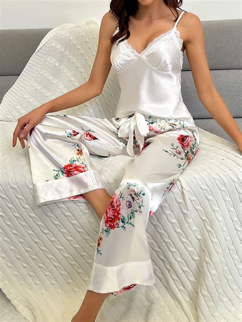 White Fantasy Elegant Collar Sleeveless Floral Plants Pant Sets