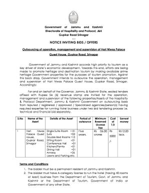 Fillable Online Jkhospitalityprotocol Nic NOTICE INVITING BIDS OFFERS