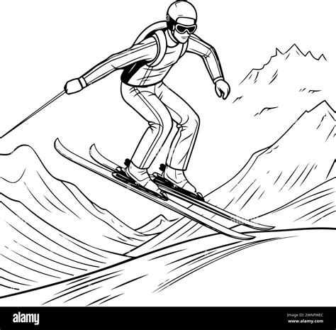 Skier Skiing Downhill Black And White Hand Drawn Vector Illustration