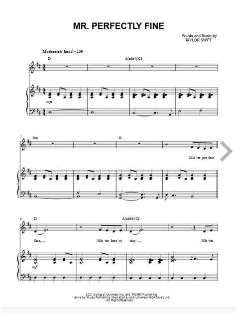 Taylor Swift Mr Perfectly Fine Sheet Music In D Major Transposable