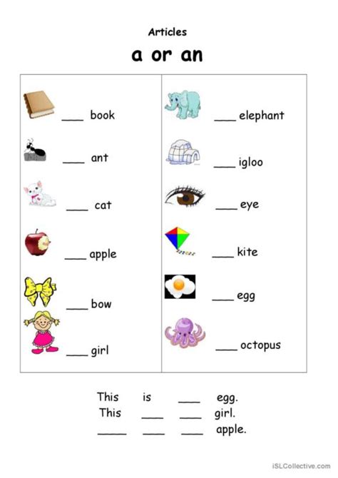 182 Articles Indefinite Articles A An English ESL Workshe