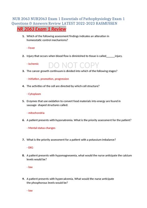 Nur Exam Essentials Of Pathophysiology Exam Questions