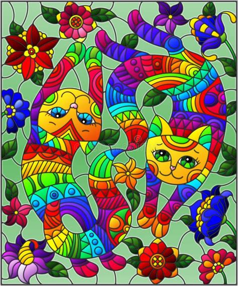 Stained Glass Illustration With A Pair Of Rainbow Cute Cats On A Background Bright Flowers Stock