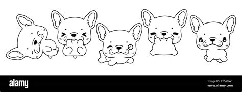 Set of Kawaii Isolated French Bulldog Puppy Coloring Page. Collection ...