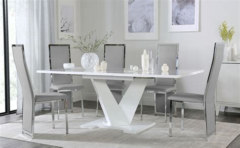 Turin White High Gloss Extending Dining Table With 6 Celeste Light Grey