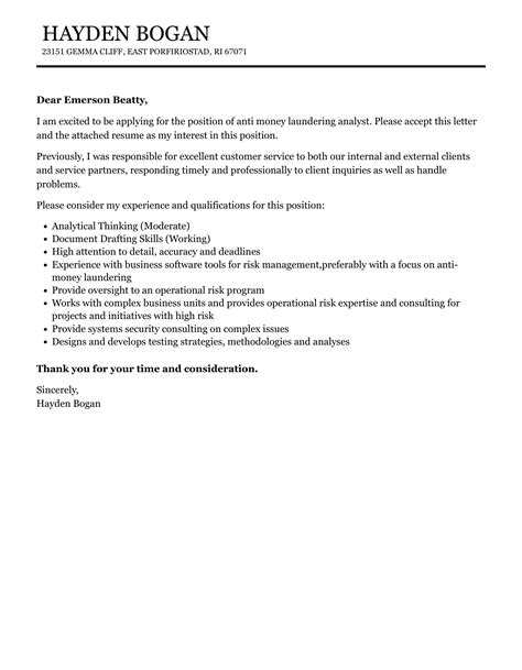 Anti Money Laundering Analyst Cover Letter Velvet Jobs