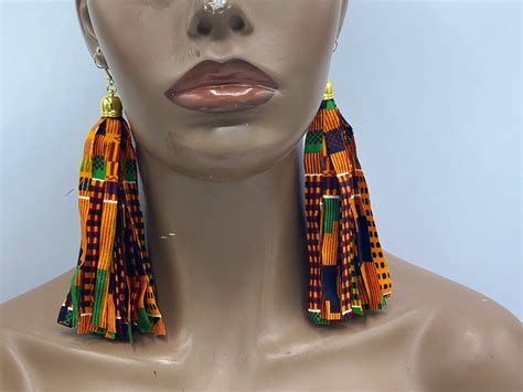 Kente Fabric Tassel Earrings Fabric Earrings Afrocentric Big Earrings Boho Earrings Tassel