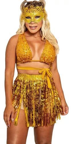 Fantasia Carnaval Bloquinho Top Cropped Paete Saia Dourada