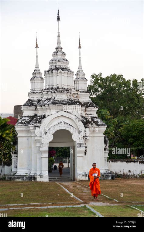 Monk Carrying A Begging Bowl Wat Suan Dok Chiang Mai Northern