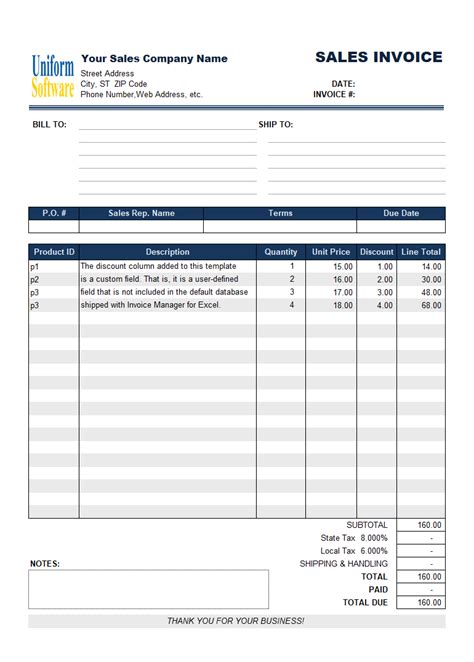 Sales Invoice Template With Discount Amount Column