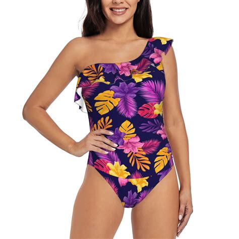 Bingfone Purple Flower Print Womens One Piece Swimsuits One Shoulder