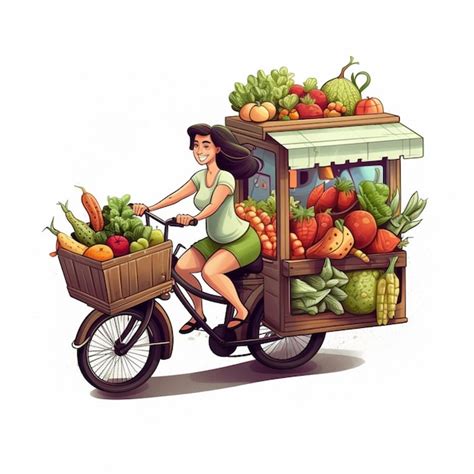 Premium AI Image A Woman Riding A Bike With A Cart Full Of Fruit And