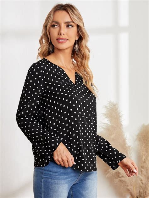 Emery Rose Polka Dot Notched Neck Blouse Shein Usa