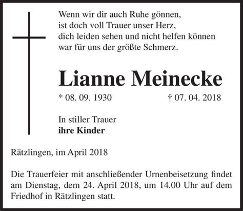 Traueranzeigen Von Lianne Meinecke Abschied Nehmen De