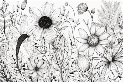 Premium AI Image | A drawing of a field of flowers with a black and white drawing of a flower.