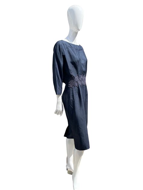 Vintage 50s/60s Blue Silk Dress With Floral Applique By Brown Dress