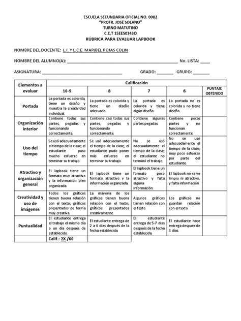 Rubrica Para Evaluar Lapbook Pdf Cognición Aprendizaje