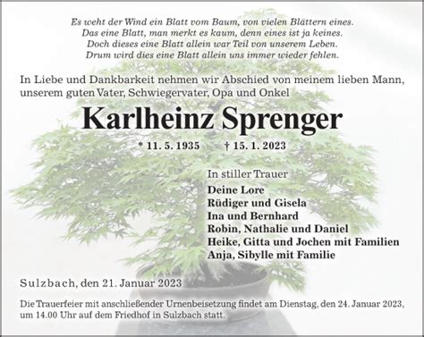 Traueranzeigen Von Karlheinz Sprenger Trauer Rnz De