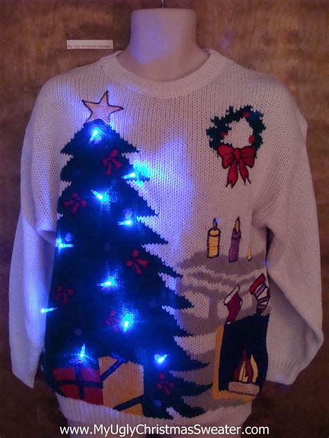 80s Light Up Ugly Xmas Sweater With Cozy Tree And Fireplace My Ugly