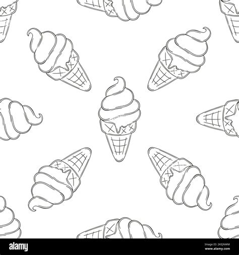 Summer Cute Ice Cream In Waffle Cones Seamless Pattern Coloring