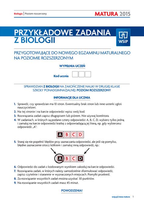 Sprawdzian po kl 2 biologia MATURA 2015 WYPEŁNIA UCZEŃ Kod ucznia