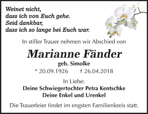 Traueranzeigen Von Marianne F Nder Abschied Nehmen De