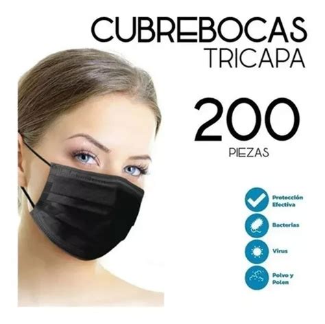 Cubre Bocas Caja 200 Tapa Bocas Termosellado Plisado Tricapa Negro