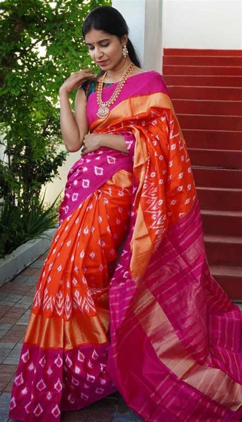 Buy Online Orange With Pink Color Designer Pochampally Ikkat Silk Saree