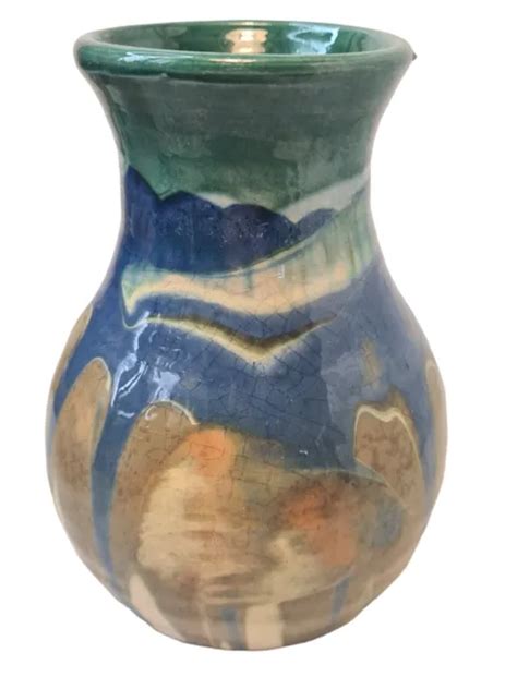 Joli Vase Vintage Fait Main En C Ramique Bleu Vert Eur Picclick Fr